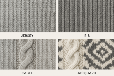 Close-up shots of different knit stitches: Jersey, Rib, Cable, and Jacquard.